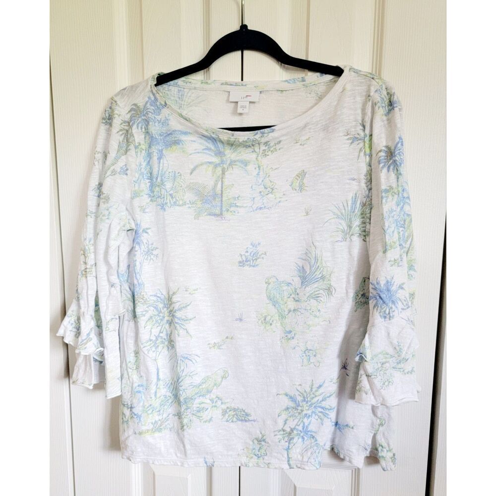 J. Jill M Sweater Knit Top Womens Linen Beachy Tropical White Handkerch Slv‎
